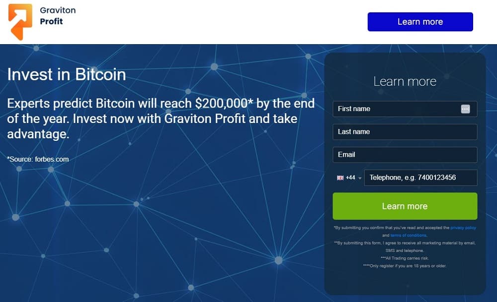 Screen shot of the main page of the Graviton Profit trading platform.