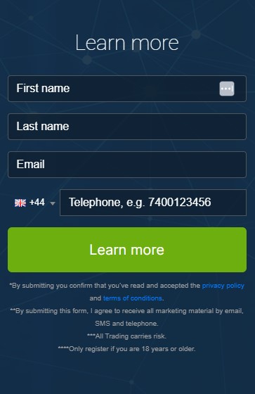 Screen shot of registration box of the Stable Index Profit trading platform.