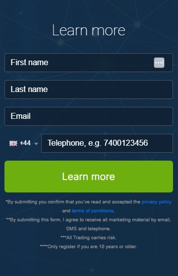 Screen shot of registration box of the TokenTact trading platform.