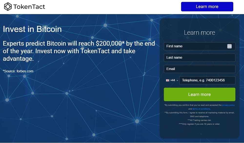Screen shot of the main page of the TokenTact trading platform.
