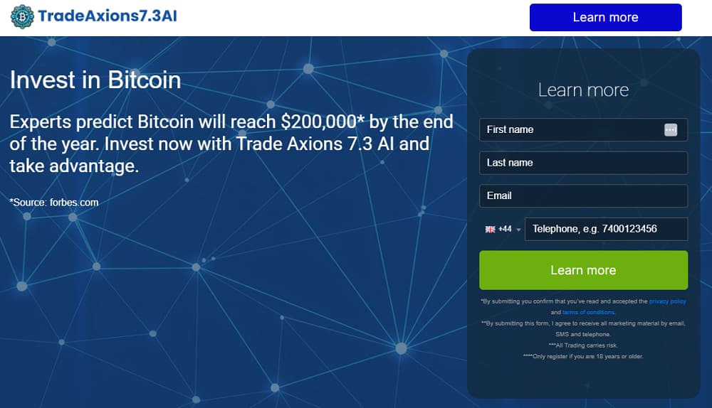 Screen shot of the main page of the Trade Axions 7.3 AI trading platform.