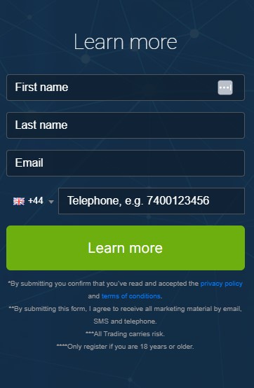 Screen shot of registration box of the Trade Chenix trading platform.