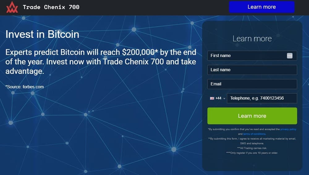 Screen shot of the main page of the Trade Chenix trading platform.