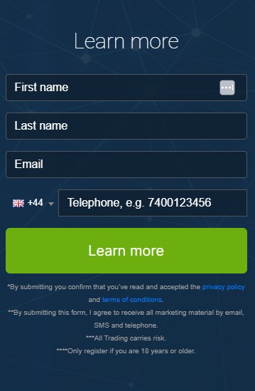 Screen shot of registration box of the Axiom Trading trading platform.