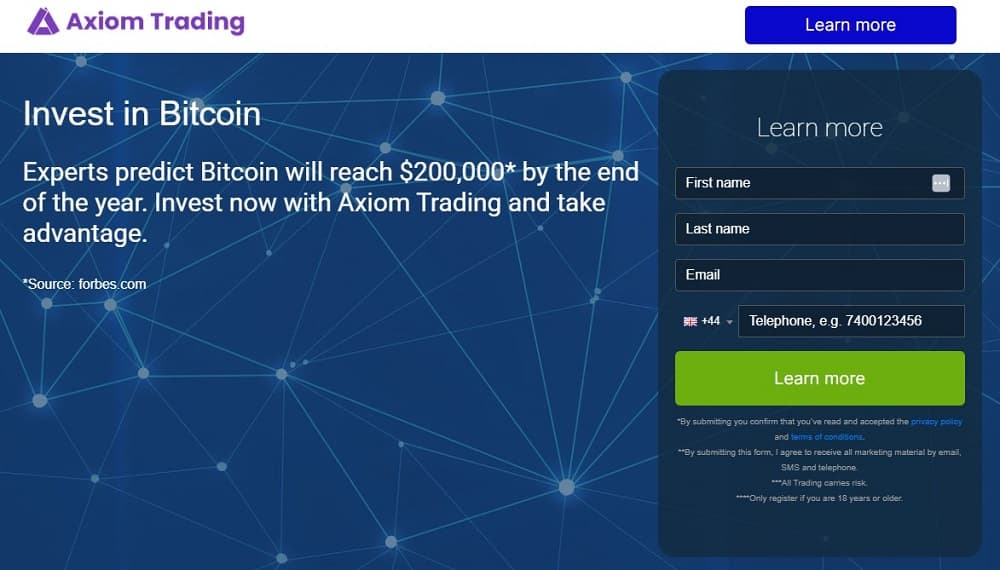 Screen shot of the main page of the Axiom Trading trading platform.