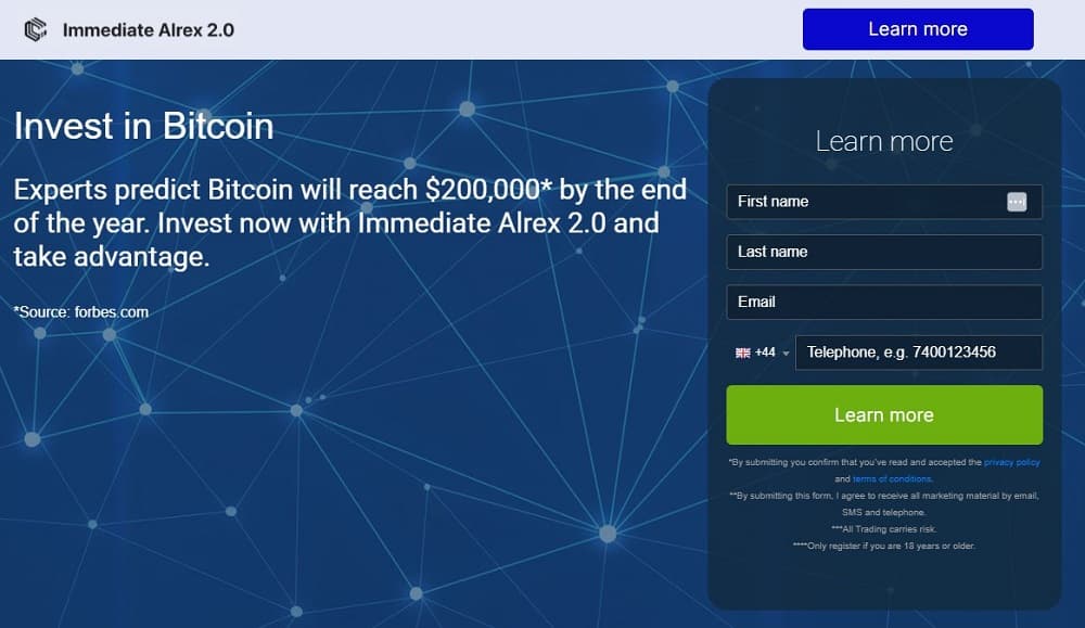 Screen shot of the main page of the Immediate Alrex trading platform.