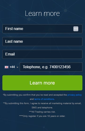 Screen shot of registration box of the Immediate Alrex trading platform.