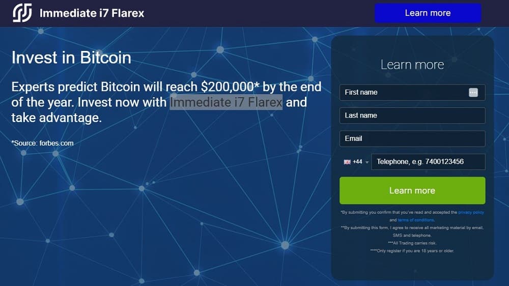 Screen shot of the main page of the Immediate Flarex trading platform.