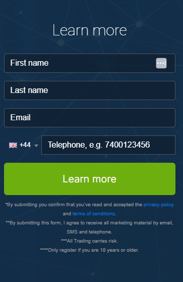 Screen shot of registration box of the Immediate Imovax trading platform.