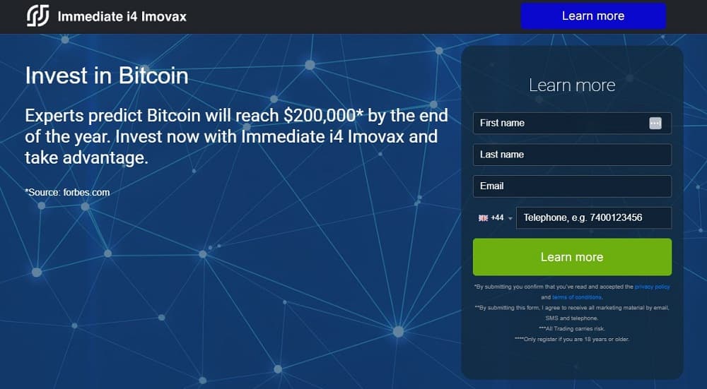 Screen shot of the main page of the Immediate Imovax trading platform.