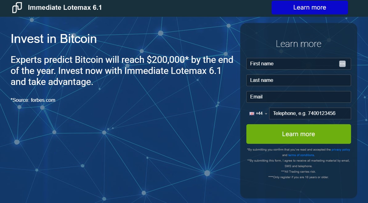 Screen shot of the main page of the Immediate Lotemax trading platform.