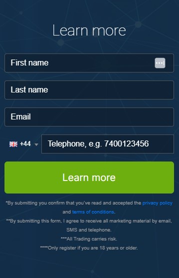 Screen shot of registration box of the Immediate Sanorex trading platform.