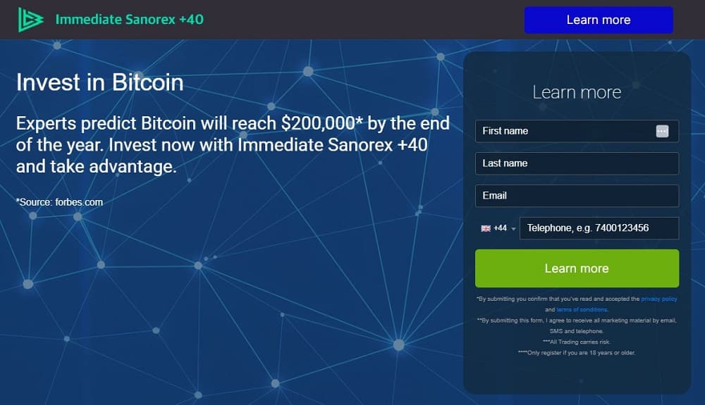 Screen shot of the main page of the Immediate Sanorex trading platform.