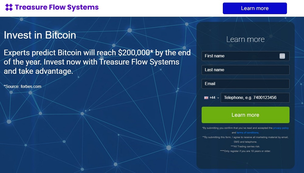Screen shot of the main page of the Treasure Flow Systems trading platform.