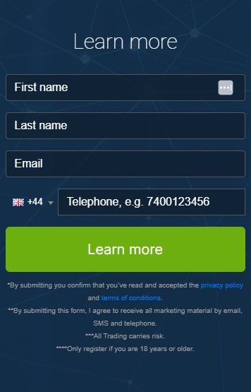 Screen shot of registration box of the Immediate Affinity trading platform.