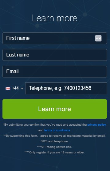 Screen shot of registration box of the Immediate Solmar trading platform.