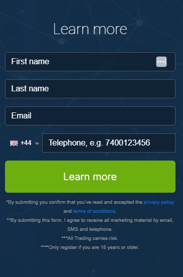 Screen shot of registration box of the Immediate Zenith trading platform.