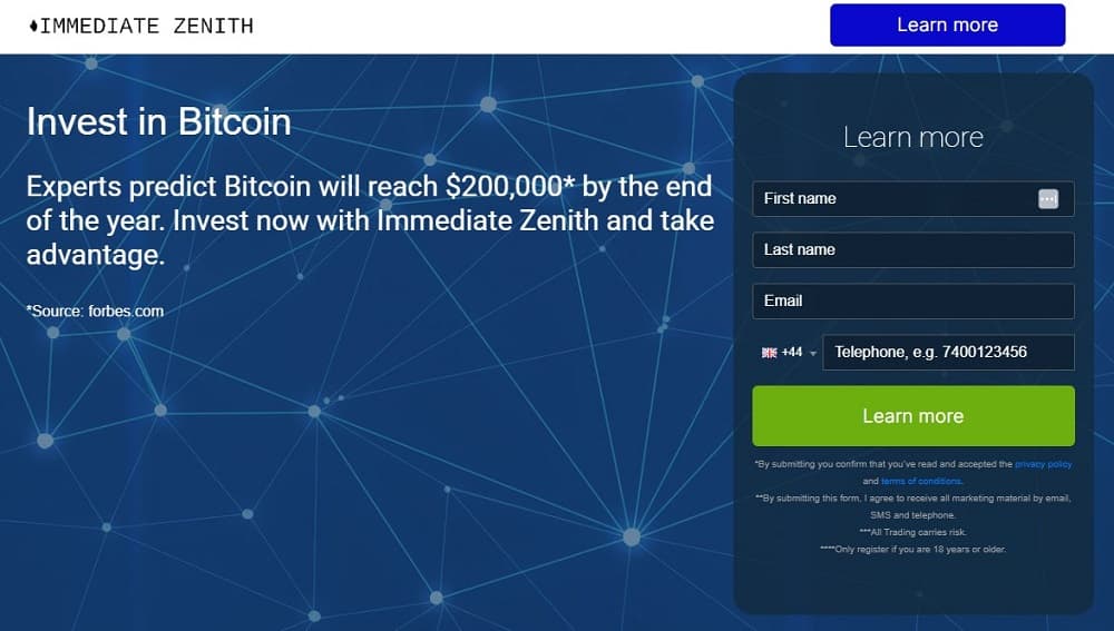 Screen shot of the main page of the Immediate Zenith trading platform.