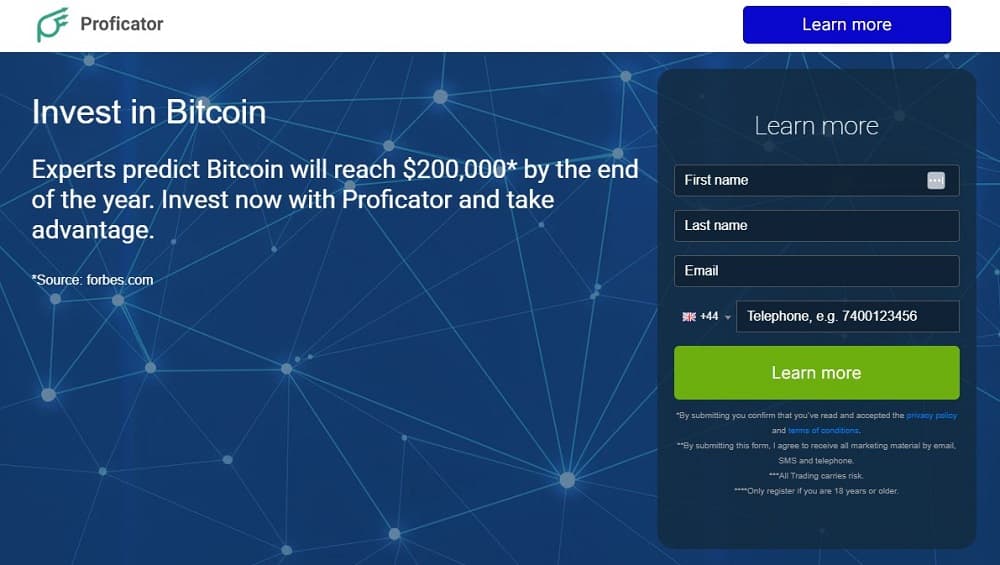 Screen shot of the main page of the Proficator trading platform.